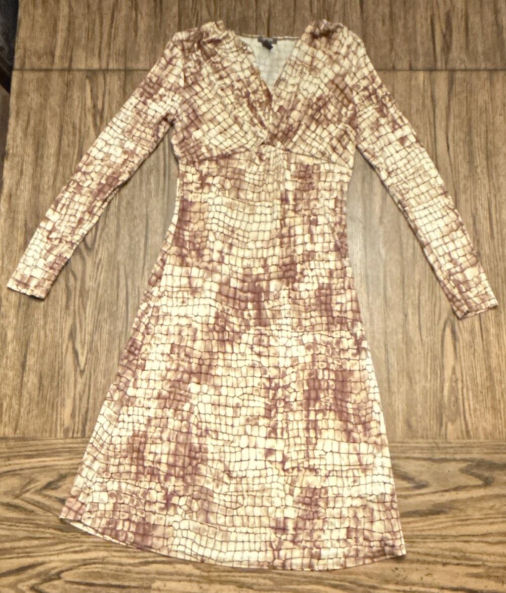 Kenneth Cole Reaction Brown Beige Geometric Rayon Dress Long Sleeve A-Line S